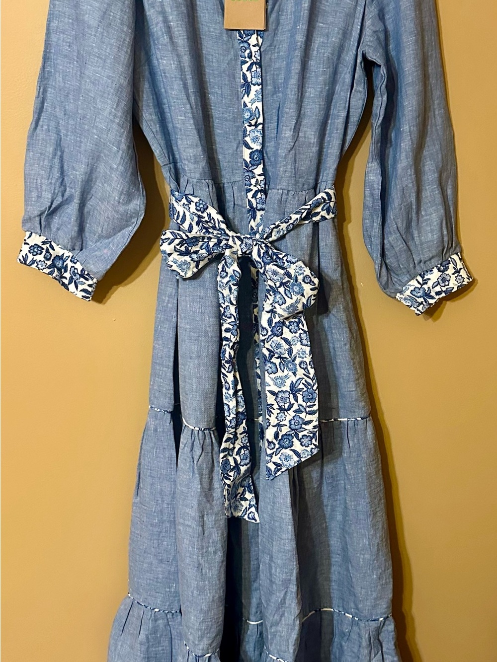 Boden Alba Linen Maxi Dress Light Blue Tiered Long Dress with Floral Trim - Picture 3 of 8